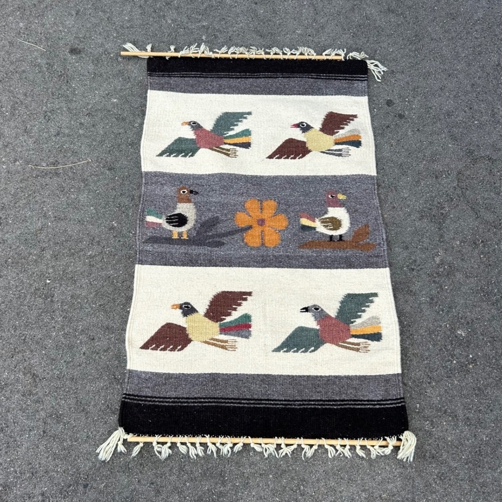 Vintage Handwoven Wool Bird Folk Art Wall Hanging Tapestry with Dowels 15x28
